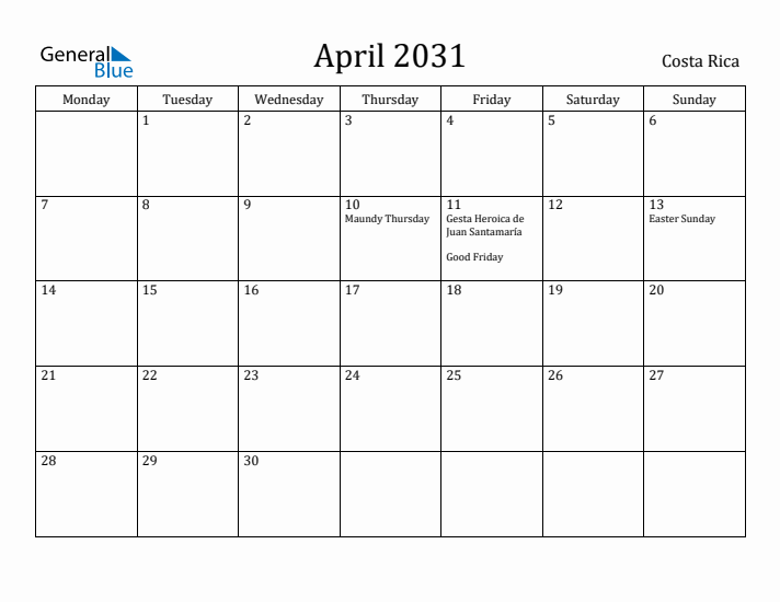 April 2031 Calendar Costa Rica