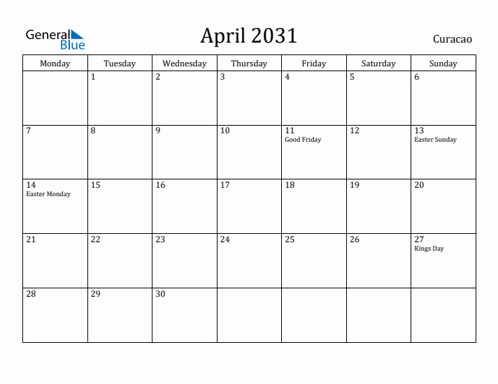 April 2031 Calendar Curacao