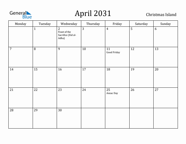 April 2031 Calendar Christmas Island