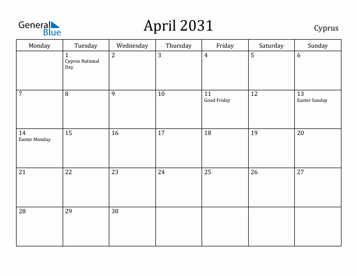 April 2031 Calendar Cyprus