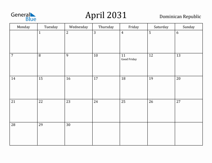 April 2031 Calendar Dominican Republic