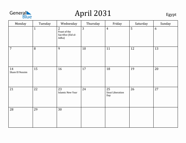 April 2031 Calendar Egypt