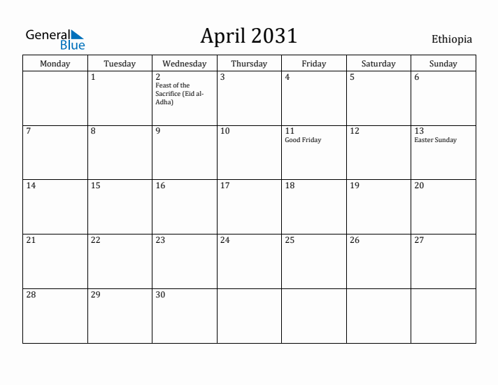 April 2031 Calendar Ethiopia