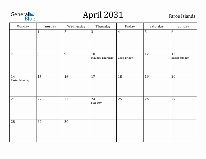 April 2031 Calendar Faroe Islands