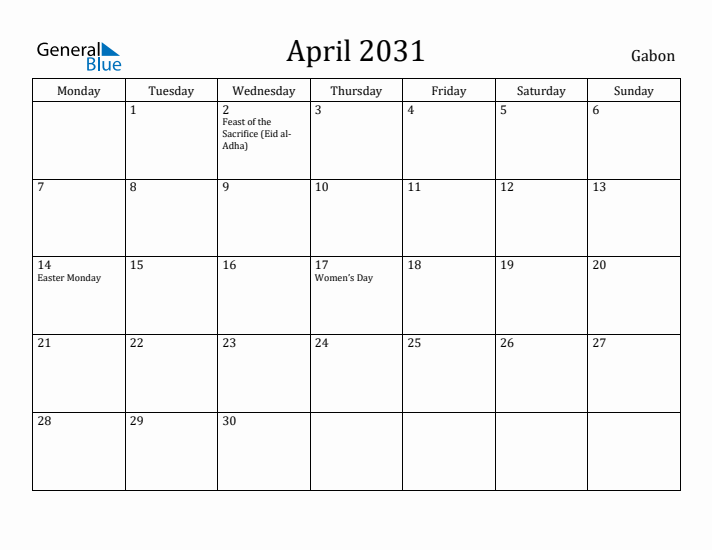 April 2031 Calendar Gabon