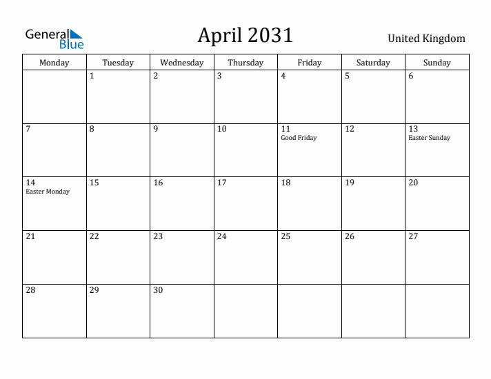 April 2031 Calendar United Kingdom