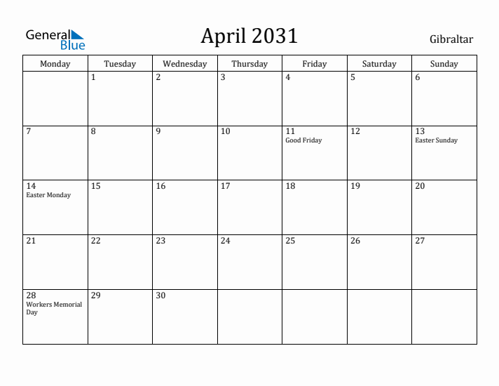 April 2031 Calendar Gibraltar