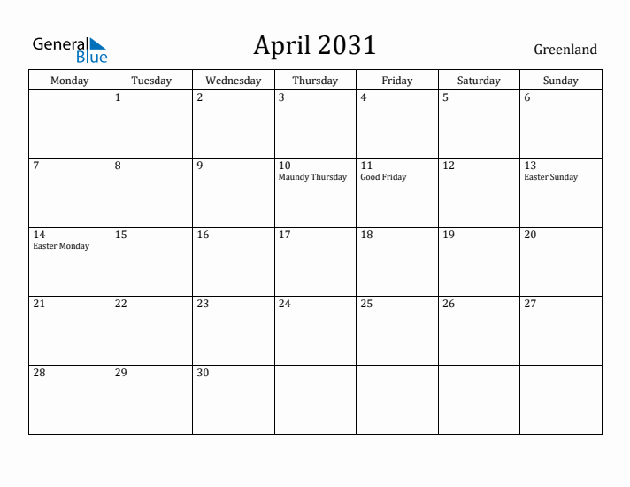 April 2031 Calendar Greenland