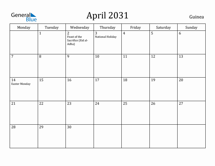April 2031 Calendar Guinea