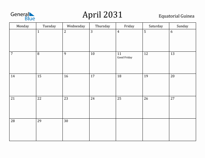 April 2031 Calendar Equatorial Guinea