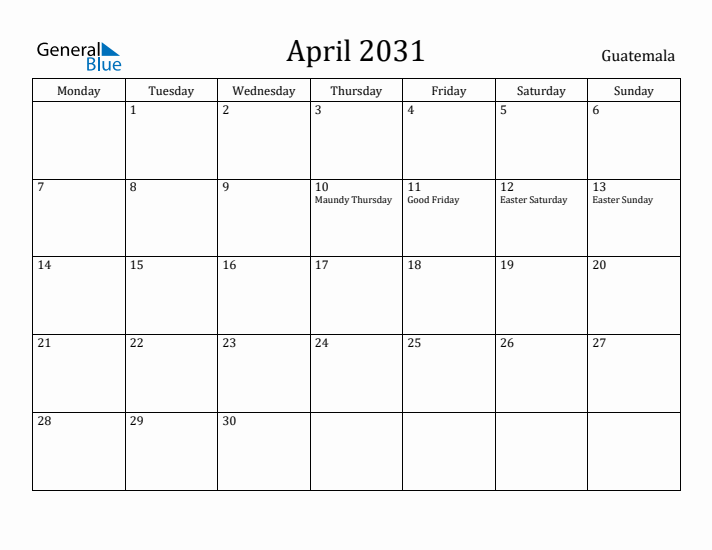 April 2031 Calendar Guatemala