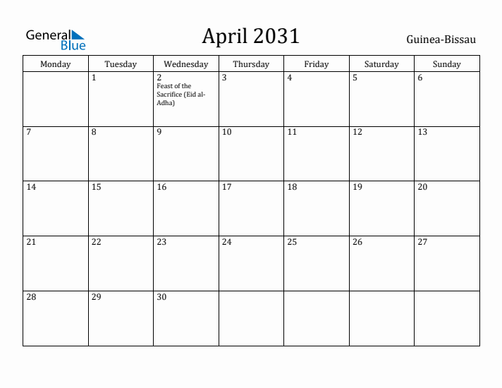 April 2031 Calendar Guinea-Bissau