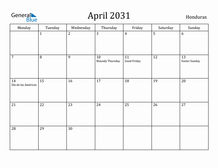 April 2031 Calendar Honduras