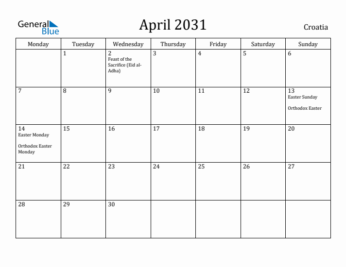 April 2031 Calendar Croatia