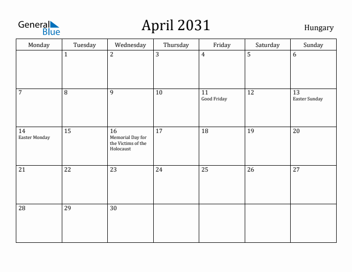 April 2031 Calendar Hungary