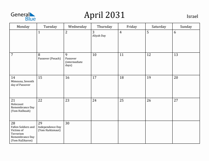 April 2031 Calendar Israel