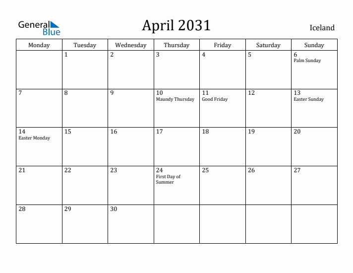 April 2031 Calendar Iceland