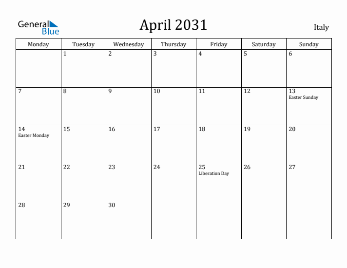 April 2031 Calendar Italy