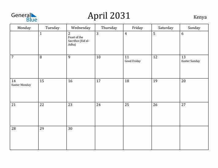 April 2031 Calendar Kenya