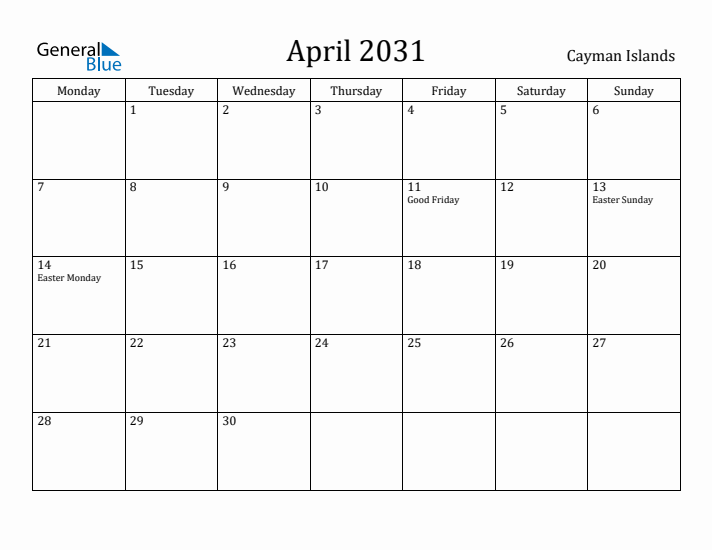 April 2031 Calendar Cayman Islands