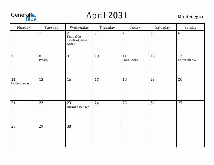 April 2031 Calendar Montenegro