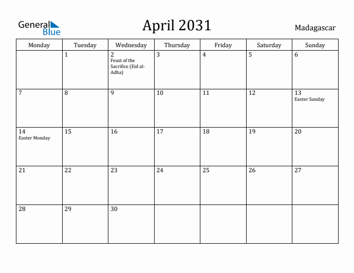 April 2031 Calendar Madagascar