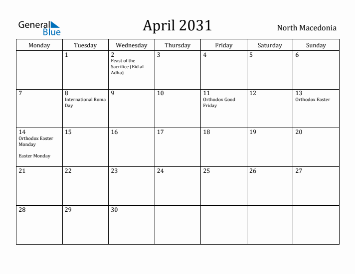 April 2031 Calendar North Macedonia