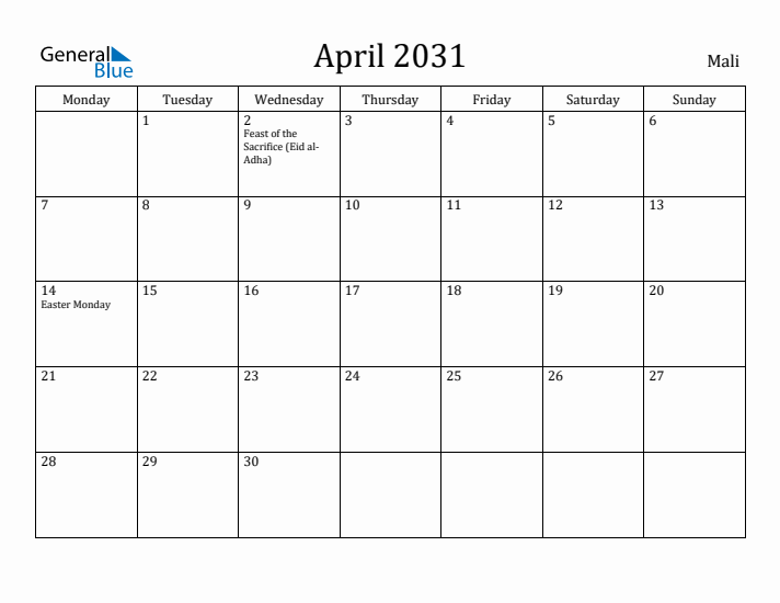April 2031 Calendar Mali