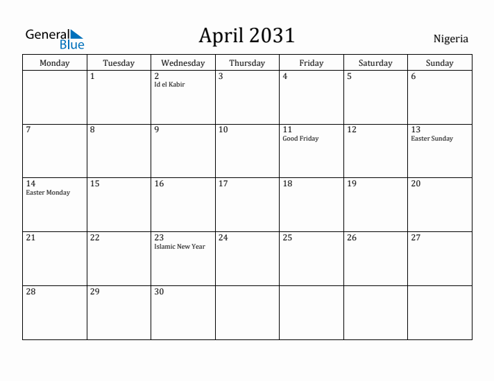 April 2031 Calendar Nigeria
