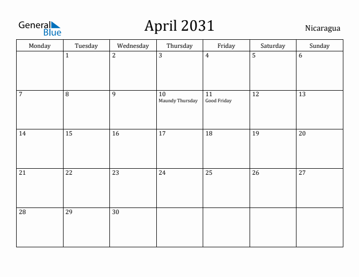 April 2031 Calendar Nicaragua