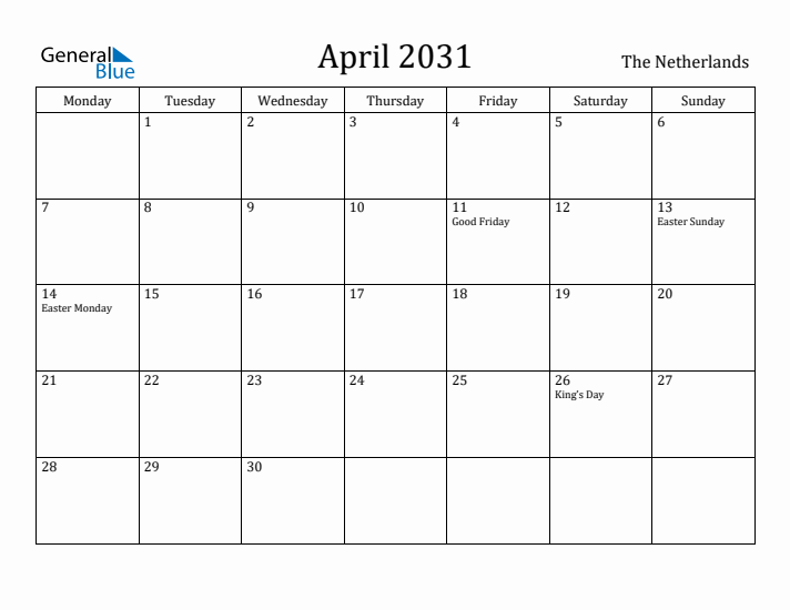 April 2031 Calendar The Netherlands