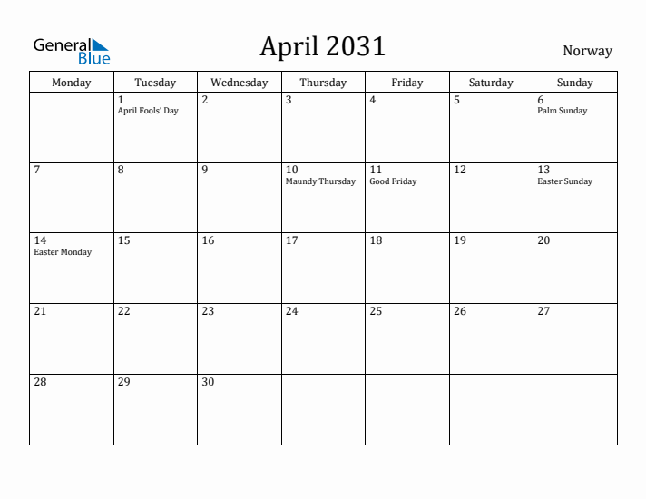 April 2031 Calendar Norway