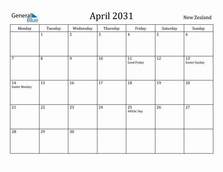 April 2031 Calendar New Zealand