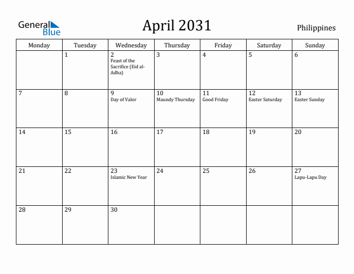 April 2031 Calendar Philippines