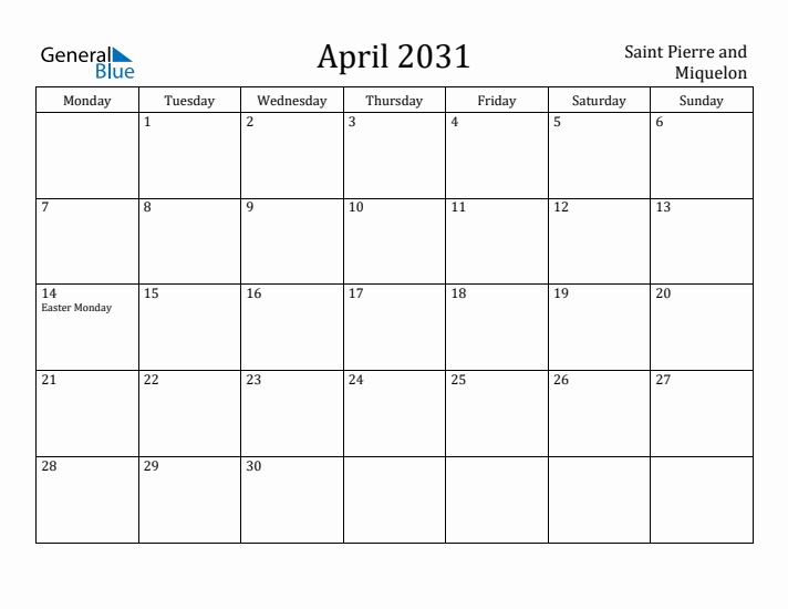 April 2031 Calendar Saint Pierre and Miquelon