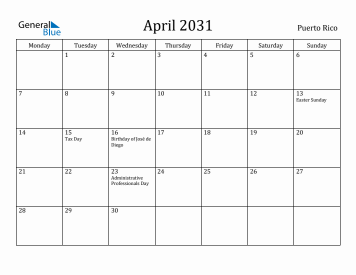 April 2031 Calendar Puerto Rico