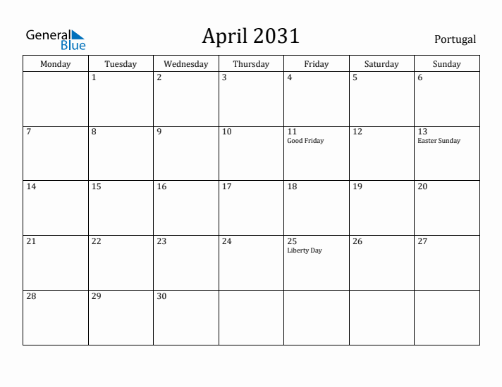 April 2031 Calendar Portugal