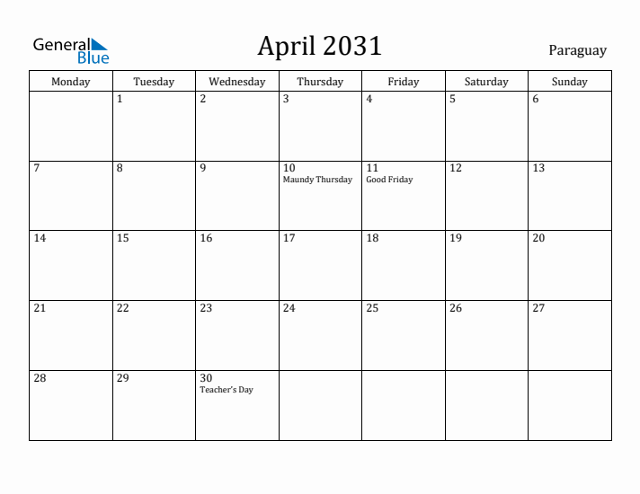 April 2031 Calendar Paraguay