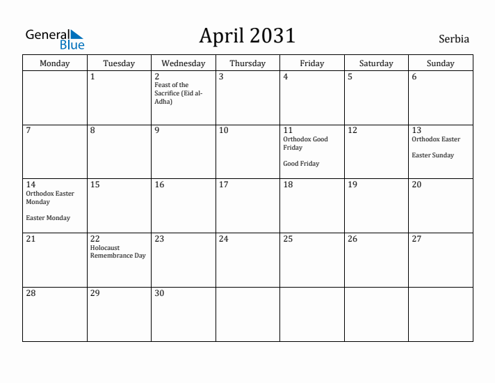 April 2031 Calendar Serbia