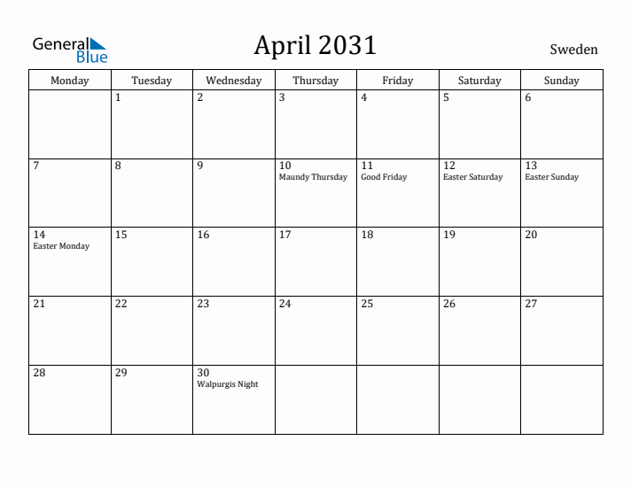 April 2031 Calendar Sweden