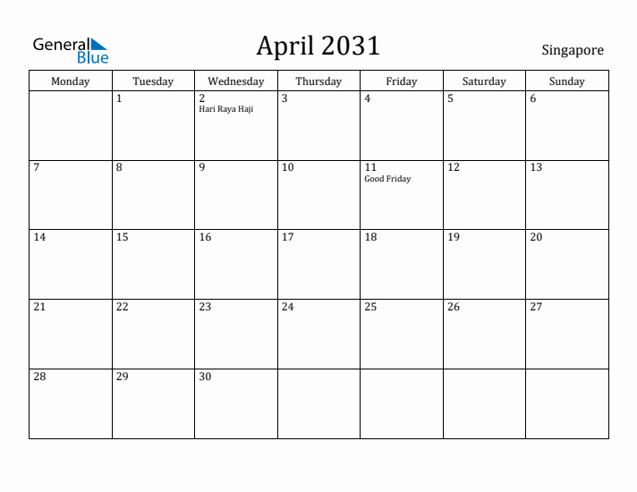 April 2031 Calendar Singapore