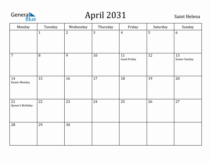 April 2031 Calendar Saint Helena