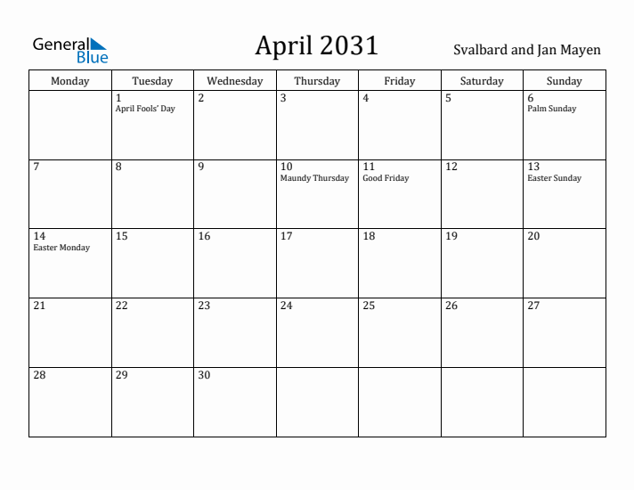 April 2031 Calendar Svalbard and Jan Mayen