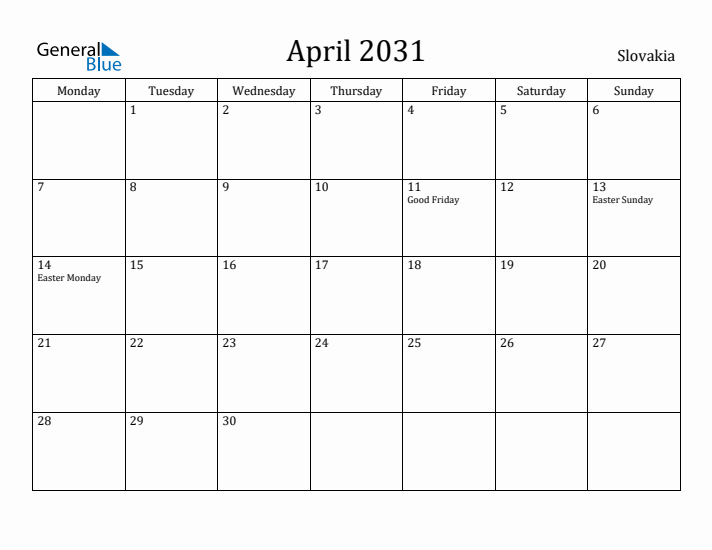 April 2031 Calendar Slovakia