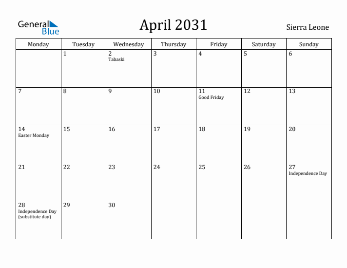 April 2031 Calendar Sierra Leone