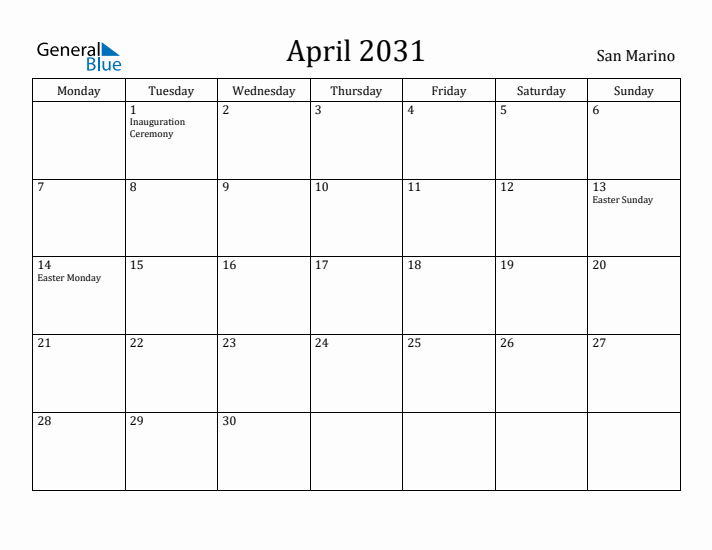 April 2031 Calendar San Marino