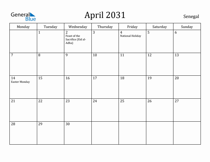 April 2031 Calendar Senegal