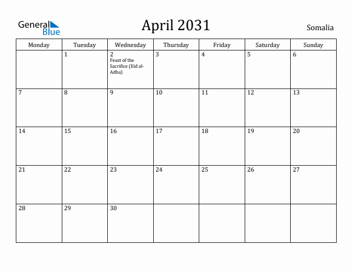 April 2031 Calendar Somalia