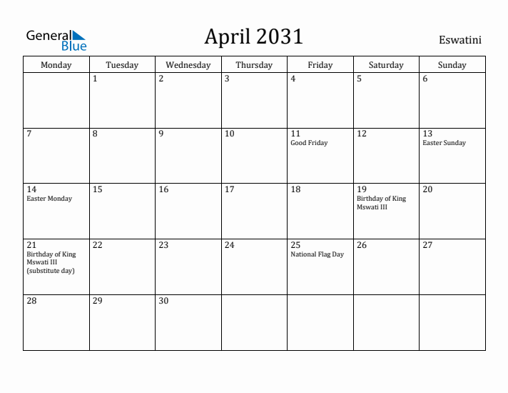 April 2031 Calendar Eswatini