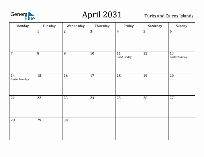 April 2031 Calendar Turks and Caicos Islands